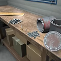 Well Organized Garage With Workbench Tools Green Trash Bin And Blue Cabinets