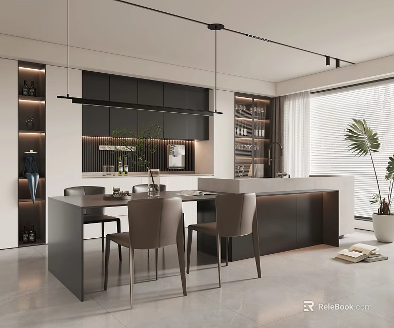 Elegant Modern Restaurant Interior With Dining Table Chairs Hanging Lights Cabinets And Plant 3d model