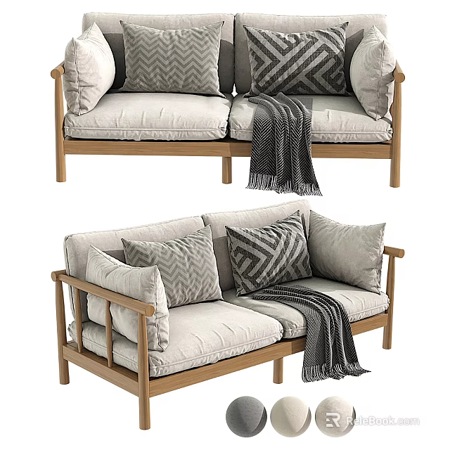 Modern Two Seater Sofa With Wooden Frame Light Cushions Geometric Pillows And Gray Throw 3d model 