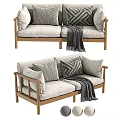 Modern Two Seater Sofa With Wooden Frame Light Cushions Geometric Pillows And Gray Throw