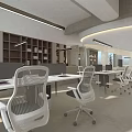 Modern Public Office Space With Glass Partitions Wooden Columns Desks Computers Chairs And Soft Lighting
