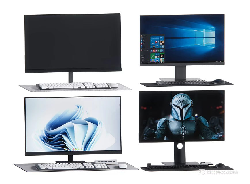 Multiple Computer Monitors Displaying Various Screen Contents With Stand And Keyboard 3d model 