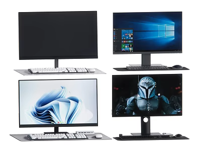 Multiple Computer Monitors Displaying Various Screen Contents With Stand And Keyboard 3d model
