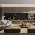 Modern Living Room Interior With Gray Sofas Fireplace TV Wall Wooden Elements And Coffee Table 3d model