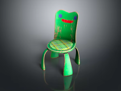 Green Frog Shaped Wooden Kids Chair With Checkered Seat And Worn Look 3d model