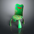 Green Frog Shaped Wooden Kids Chair With Checkered Seat And Worn Look