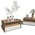 Modern Wooden Bedside Tables With White Bases And Decorative Items Like Lamp Books And Figurines