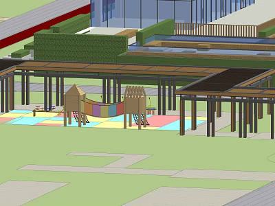 Wooden Pergola Structure With Supporting Columns And Colorful Playground Floor 3d model