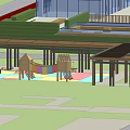 Wooden Pergola Structure With Supporting Columns And Colorful Playground Floor