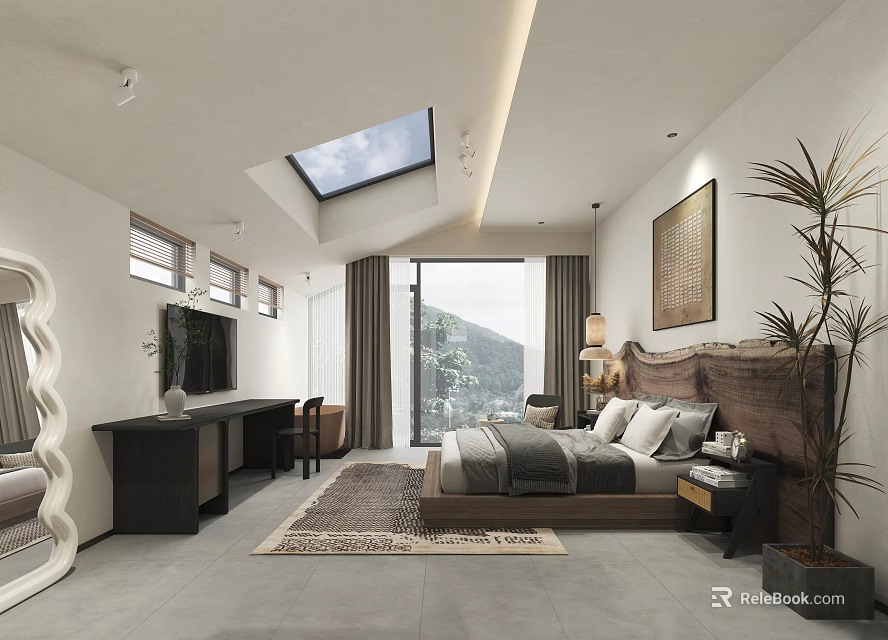 Modern Hotel Guest Room with Skylight Mountain View Bed Desk and Plant 3d model 