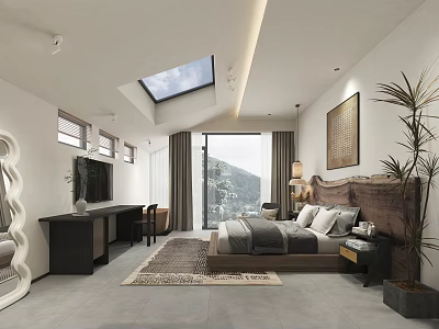 Modern Hotel Guest Room with Skylight Mountain View Bed Desk and Plant 3d model