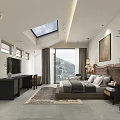 Modern Hotel Guest Room with Skylight Mountain View Bed Desk and Plant