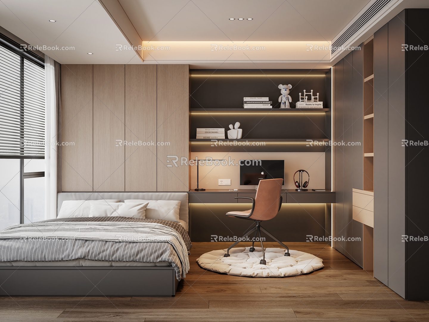 Modern Italian Tatami Bedroom Wardrobe Desk Computer Chair Bed 3d model