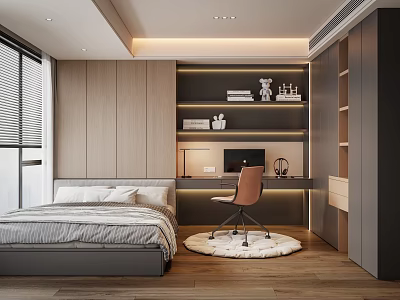 Elegant Modern Tatami Bedroom Interior With Wooden Bed Desk Chair And Shelves 3d model