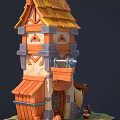Cartoon Scene Featuring Cute Multi Story Tower With Yellow Roof Windows And Doorway Decorations