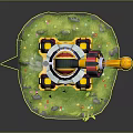 Colorful Turret Weapon With Smoke Pipe Yellow Cannon Barrel On Green Grass Base With Flowers