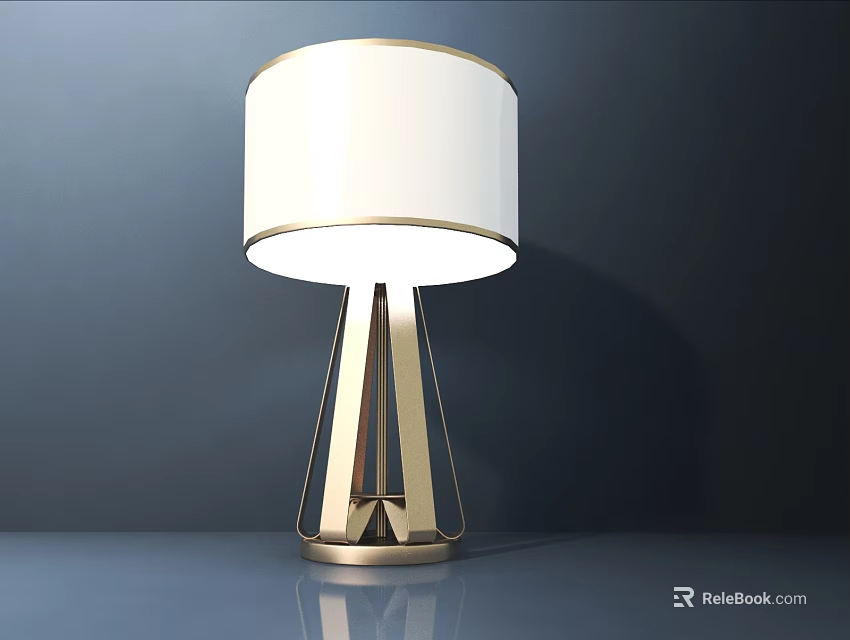 Modern Table Lamp With White Fabric Shade And Golden Geometric Metal Base On Dark Background 3d model 