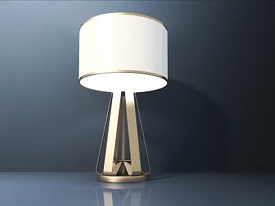 Modern Table Lamp With White Fabric Shade And Golden Geometric Metal Base On Dark Background 3d model