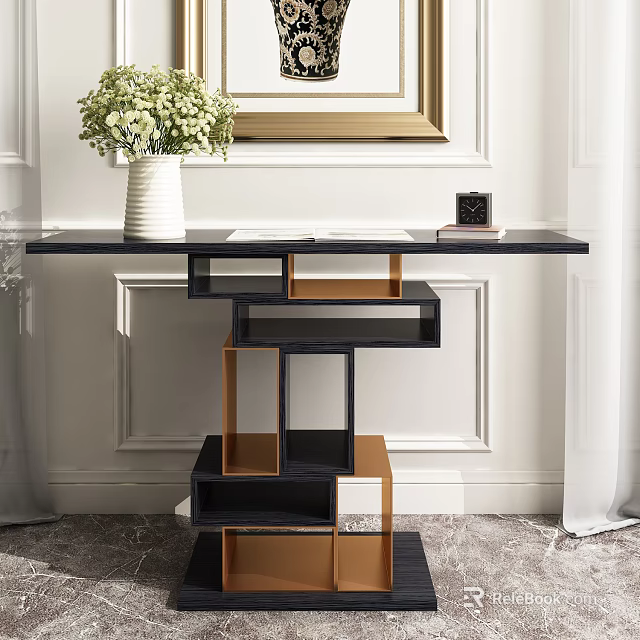 Modern Console Table With Black And Gold Geometric Shelves Vase Books And Photo Frame 3d model 
