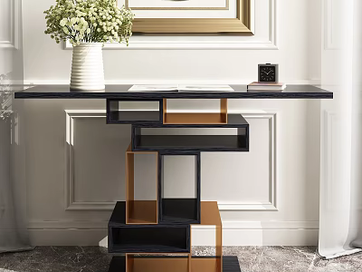 Modern Console Table With Black And Gold Geometric Shelves Vase Books And Photo Frame 3d model