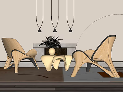 Modern Wooden Table and Chairs Set with Unique Design and Vase Plant in Interior Space 3d model