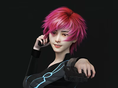 Pink Haired Woman In Black Outfit With Blue Lines Holding Black Device On Black Background 3d model