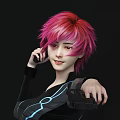 Pink Haired Woman In Black Outfit With Blue Lines Holding Black Device On Black Background