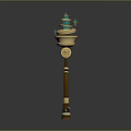 Ornate Magical Weapon with Turquoise and Golden Layered Top and Curved Staff