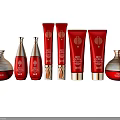 Luxury Red And Gold Perfume Cosmetics Collection With Perfume Bottles Lotion Tubes And Cream Jars