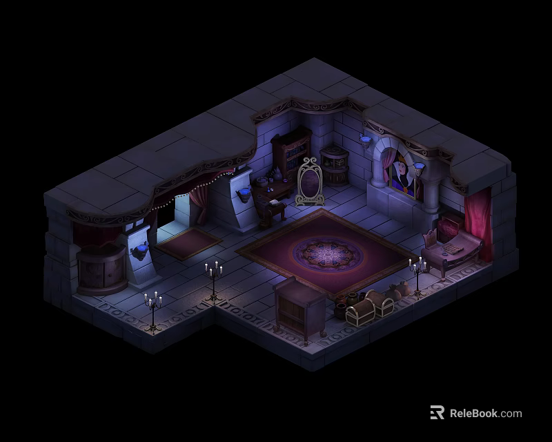 Cartoon Scene Of Mystical Stone Chamber With Circular Rug And Vintage Furniture 3d model 