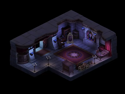 Cartoon Scene Of Mystical Stone Chamber With Circular Rug And Vintage Furniture 3d model