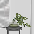 Glass Vase With Green Leaves And White Flowers On Round Metal Tray By White Blinds