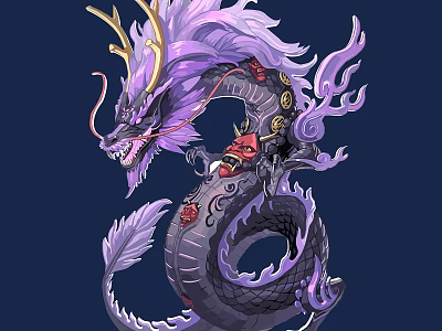 Detailed Purple Black Carved Dragon With Antler Flame And Red Ornament 3d model