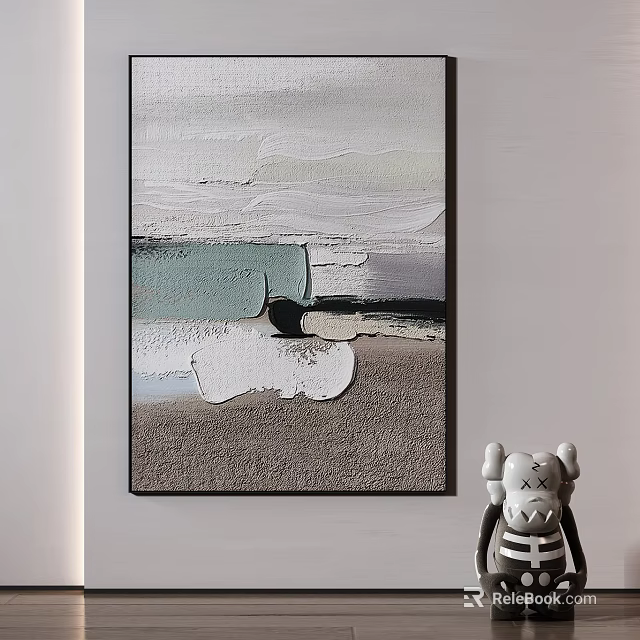 Abstract Textured Wall Painting With Gray White Blue Black Tones And Cartoon Skull Figurine 3d model 
