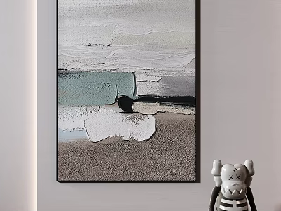 Abstract Textured Wall Painting With Gray White Blue Black Tones And Cartoon Skull Figurine 3d model