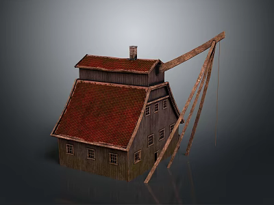 Traditional Wooden House With Red Roof Chimney Windows And Wooden Crane 3d model