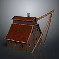 Traditional Wooden House With Red Roof Chimney Windows And Wooden Crane