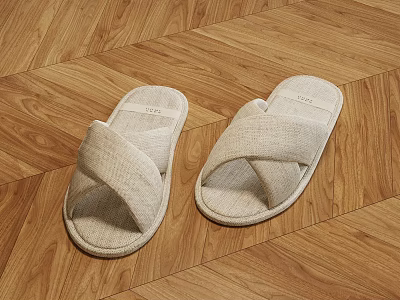 Comfortable Linen Slippers With Cross Strap Design On Light Wooden Floor 3d model
