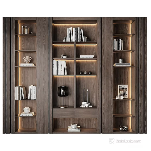 Modern Wooden Bookcase With Built-in Lighting Multiple Shelves Books And Decorative Items 3d model 