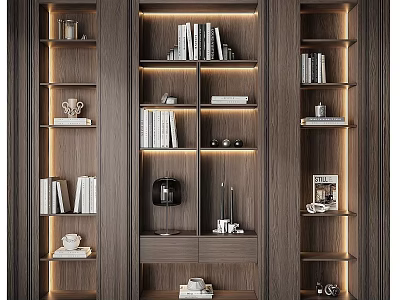 Modern Wooden Bookcase With Built-in Lighting Multiple Shelves Books And Decorative Items 3d model