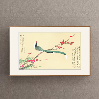 Framed Animal Painting of Bird with Long Tail on Plum Blossom Branch and Red Flowers 3d model