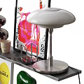 Ornamental Decor Set on Shelves Featuring Vase Lamp Books Abstract Sculpture and Poster