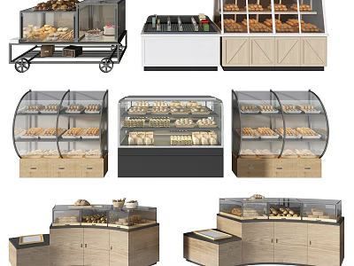 Bakery Display Shelves With Glass Doors Wooden Mobile Cart And Multi Tiered Pastry Cases 3d model