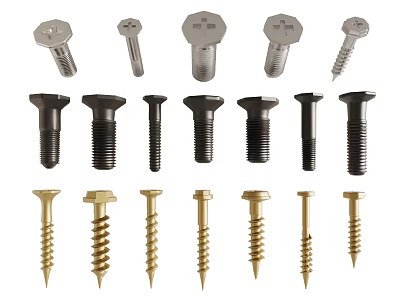 Different Types of Metal Screws in Silver Black and Gold with Various Heads 3d model
