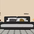Stylish Black Double Bed with Headboard Pillows Nightstands Table Lamps and Poliform Rug