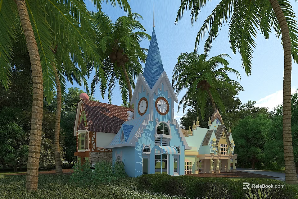 Charming Detached Villa With Blue Spire Clock Tower Colorful Roofs And Palm Trees Green Vegetation 3d model 
