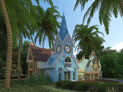 Charming Detached Villa With Blue Spire Clock Tower Colorful Roofs And Palm Trees Green Vegetation 3d model