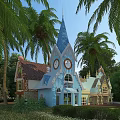 Charming Detached Villa With Blue Spire Clock Tower Colorful Roofs And Palm Trees Green Vegetation