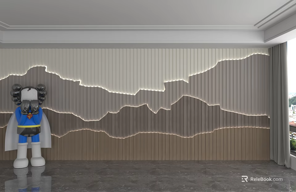Modern Elegant Layered Gray Beige Striped Wall Design With Wavy LED Strip Lights 3d model 