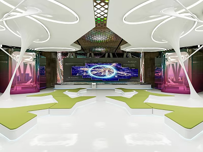 Futuristic Interior Space Design With Geometric Green Seats LED Lights And Large Screen 3d model